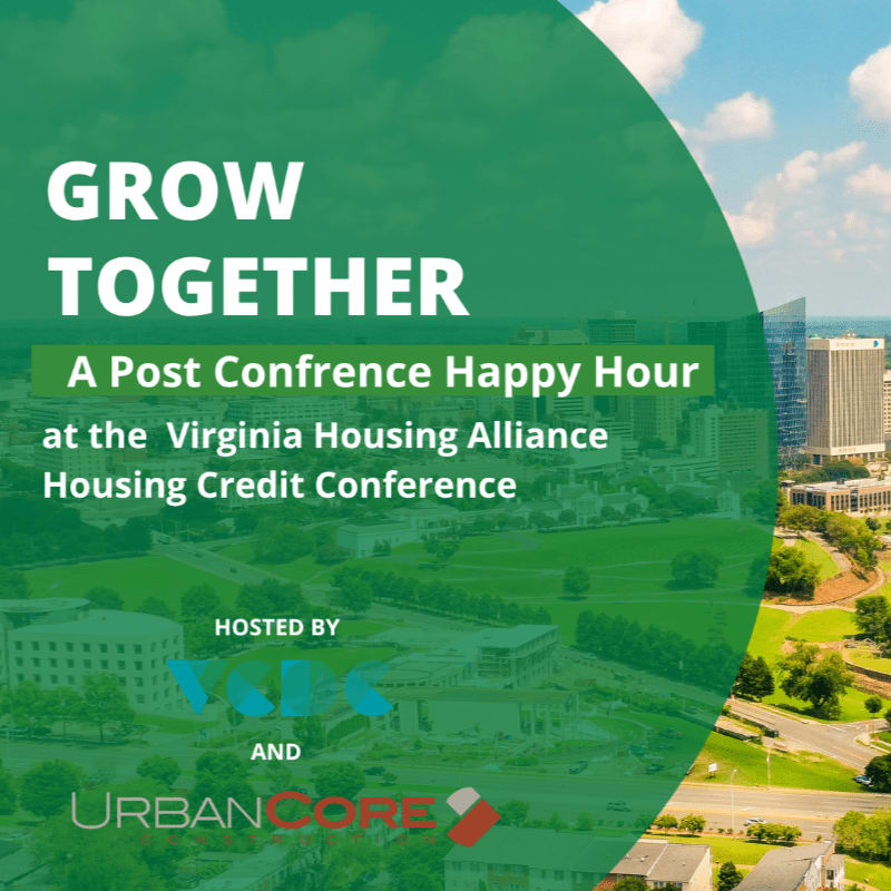 White text on a green overlay announces a "Post Conference Happy Hour" for the Virginia Housing Alliance Housing Credit Conference, set against a backdrop of a cityscape with buildings and greenery.