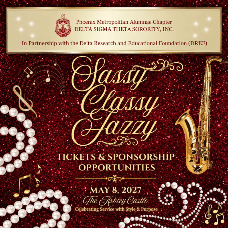 Pearls and musical notes adorn the foreground against a sparkling red background, with a golden saxophone and event details in the center.