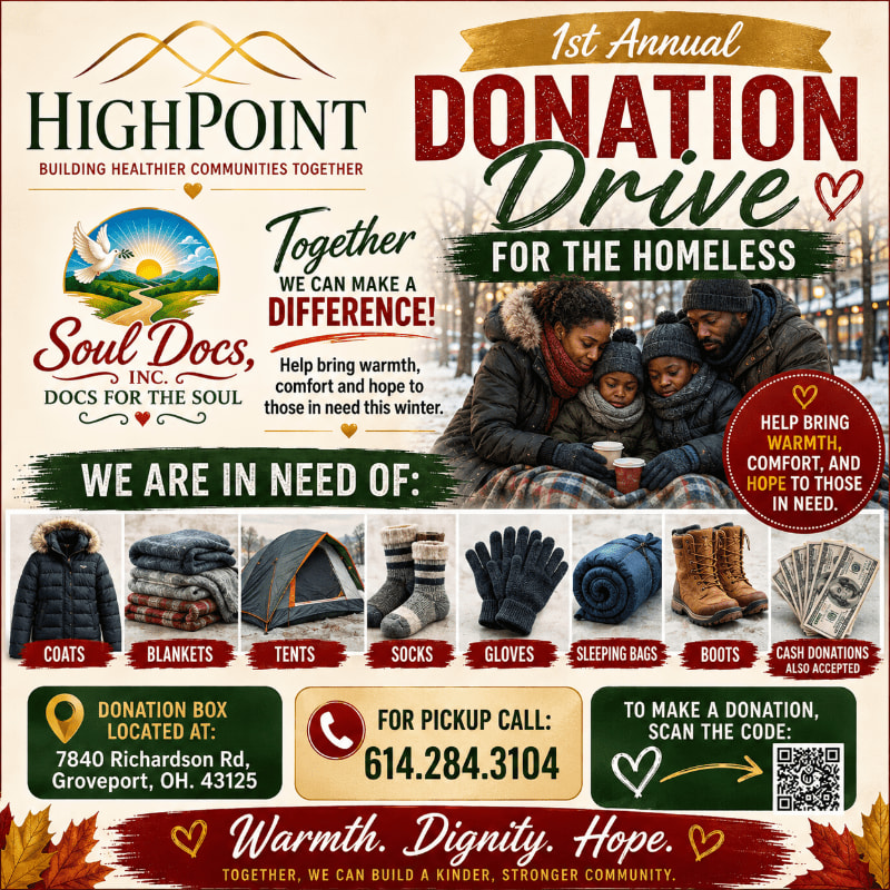 A family huddles together in the foreground, while the background features a flyer for a donation drive for the homeless.