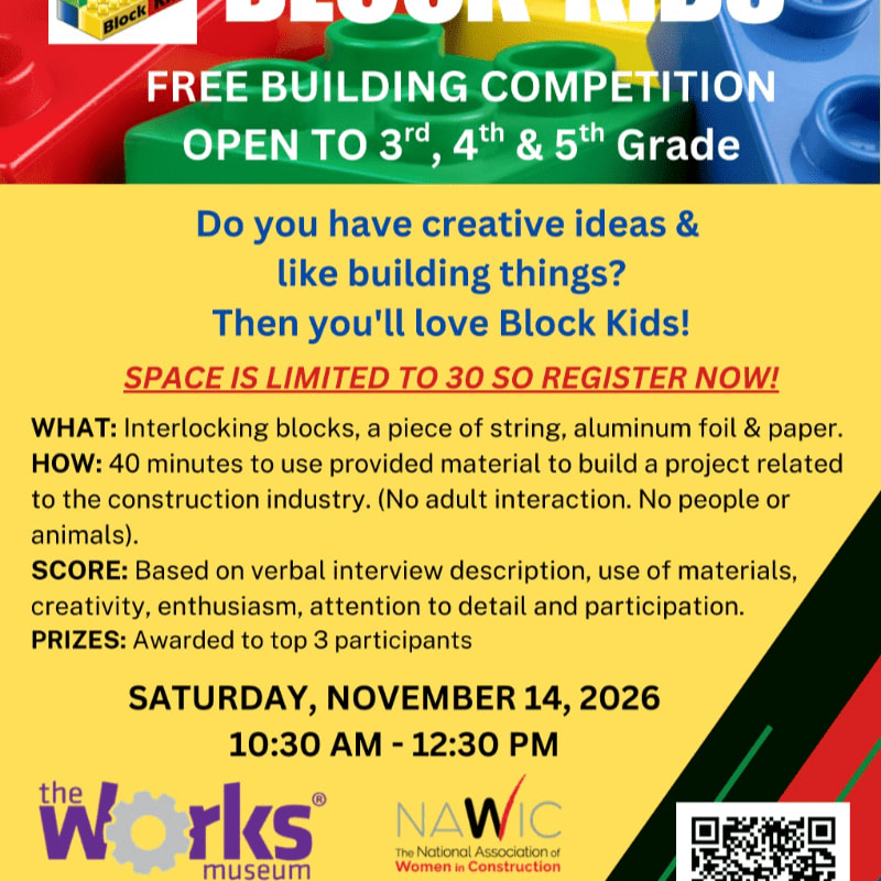 Colorful building blocks are featured in the foreground of a flyer announcing a free building competition for 3rd, 4th, and 5th graders.