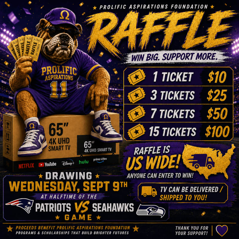 A bulldog mascot in a purple and gold uniform sits on a box holding raffle tickets, with a raffle prize list and US map in the background.