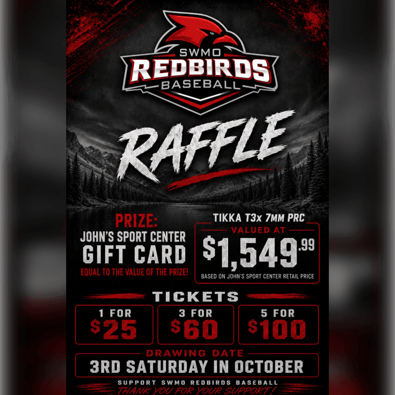 A raffle poster for SWMO Redbirds Baseball features ticket prices and prize details in the foreground against a background of a mountainous landscape with a lake.