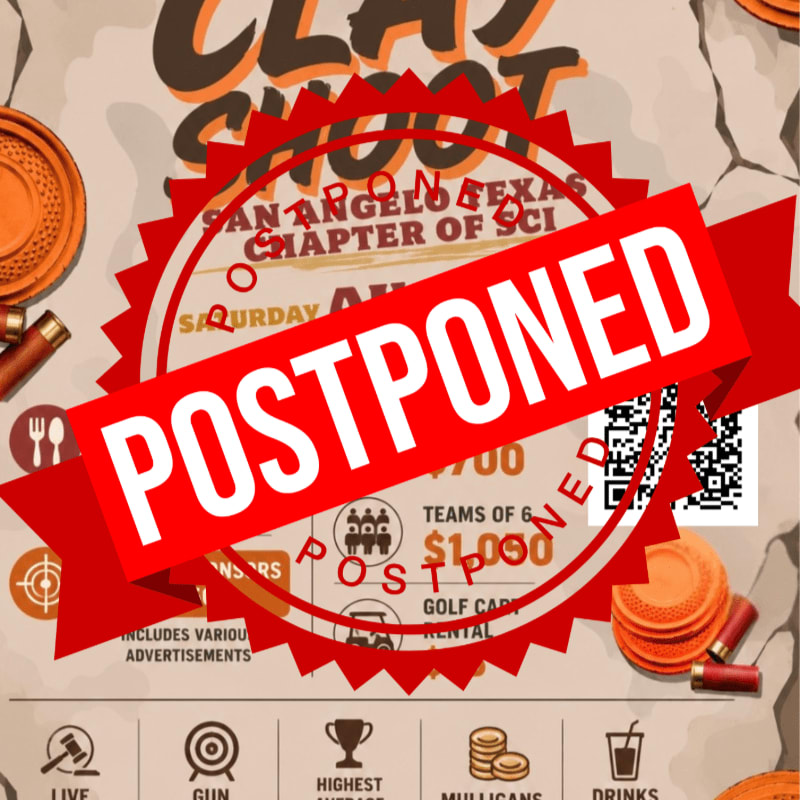 A red "POSTPONED" banner overlays a flyer for a clay shoot event, featuring targets and shotgun shells in the foreground and event details in the background.