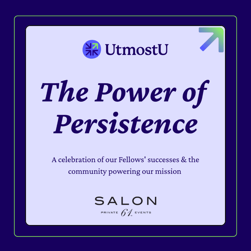 A dark blue border frames a light blue square with the text "The Power of Persistence" in the foreground, and the UtmostU logo and event details in the background.