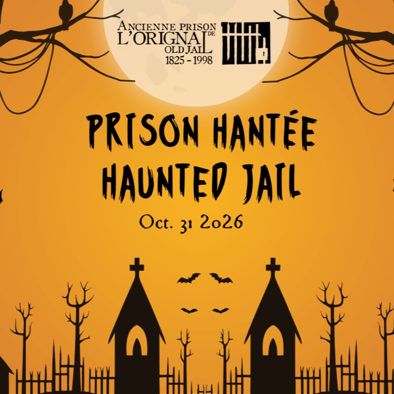 Silhouetted churches and bare trees with bats in the foreground are set against a spooky orange background with a large moon and text announcing a haunted jail event.