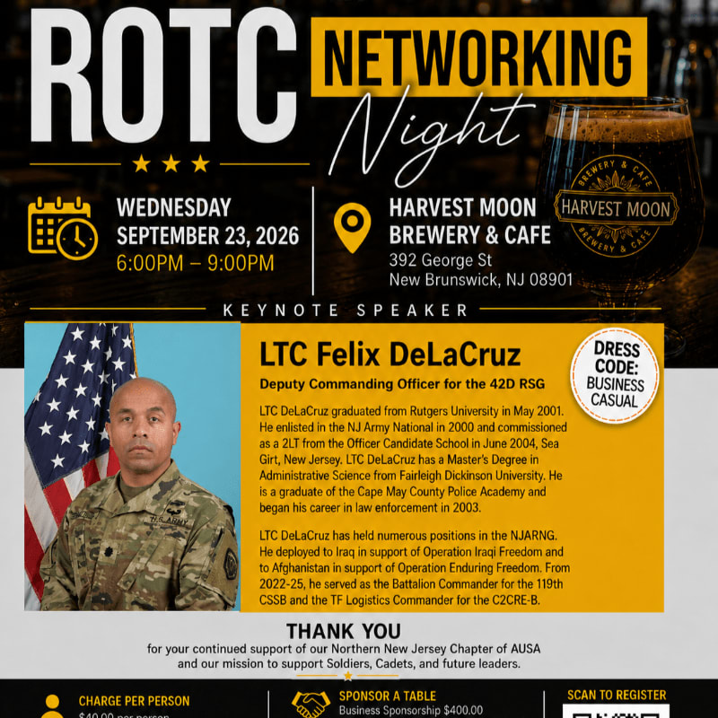 A portrait of LTC Felix DeLaCruz in uniform is featured in the foreground, with event details for ROTC Networking Night at Harvest Moon Brewery & Cafe in the background.