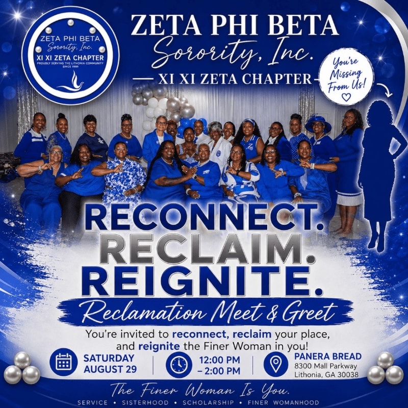 A group of women in blue are gathered for a Zeta Phi Beta Sorority, Inc. Reclamation Meet & Greet, with event details and the sorority logo displayed prominently.