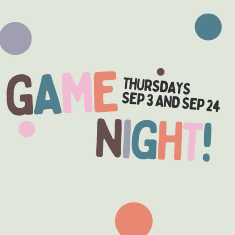 Colorful polka dots float around the words "GAME NIGHT!" in the foreground, set against a pale green background.