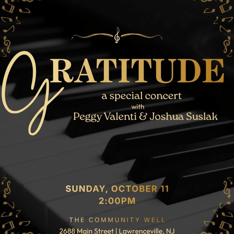 A piano keyboard fills the foreground, with the word "GRATITUDE" and concert details overlaid in the background.