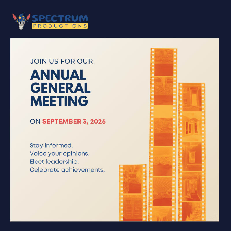 A dark blue border frames a cream-colored announcement for Spectrum Productions' annual general meeting on September 3, 2026, with film strips featuring orange-toned images in the background.