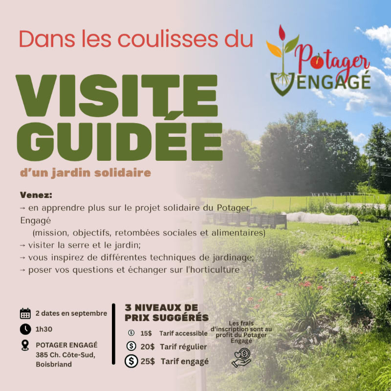 A poster advertises a guided tour of a community garden, with text in the foreground and a lush green garden with a greenhouse in the background.