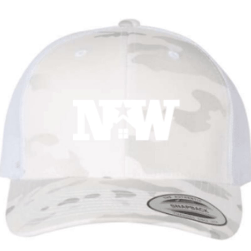A white camouflage trucker hat with a white "NW" logo is centered against a plain white background.
