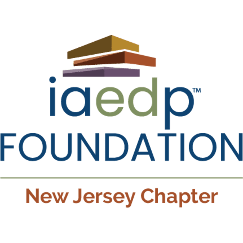 A logo with stacked abstract shapes above the text "iaedp FOUNDATION" and "New Jersey Chapter" is displayed on a white background.