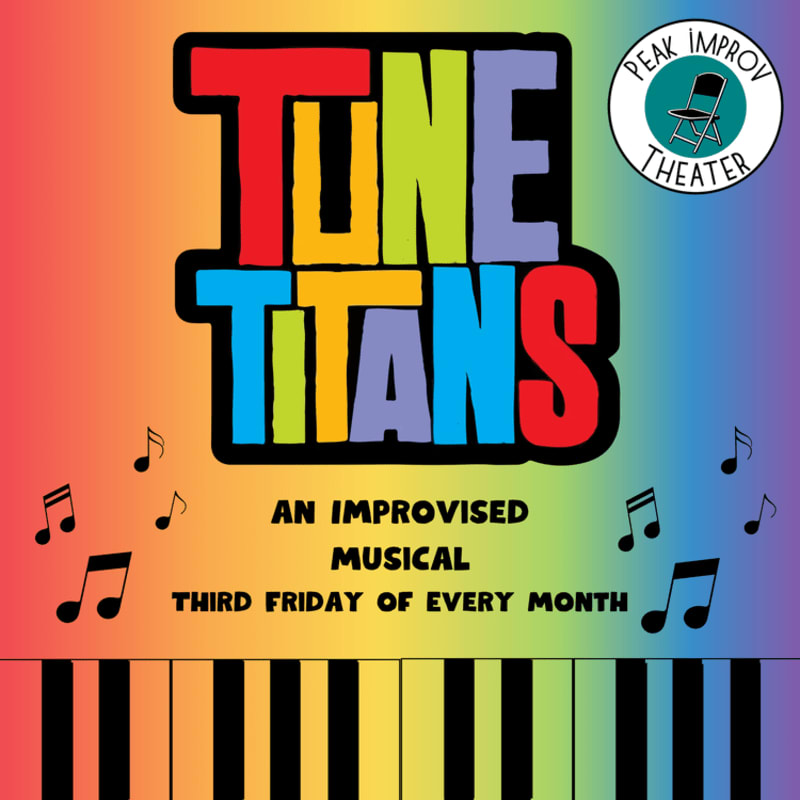 Colorful text reading "TUNE TITANS" is superimposed over a rainbow gradient background with musical notes scattered around, and a piano keyboard graphic at the bottom.