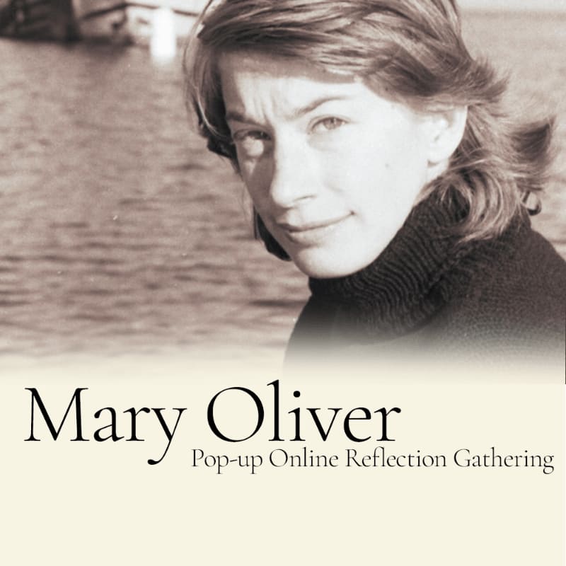 A sepia-toned portrait of Mary Oliver in the foreground is set against a blurred background of water and a distant structure.