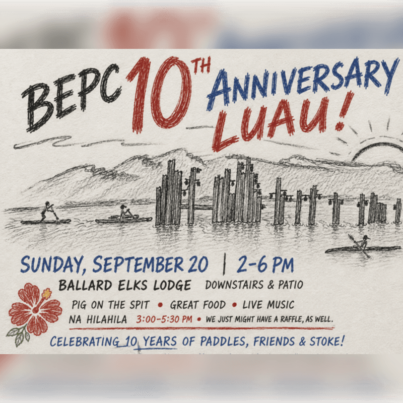 A hand-drawn invitation for a BEPC 10th Anniversary Luau features kayaks on the water in the foreground and a stylized sun setting behind mountains in the background.