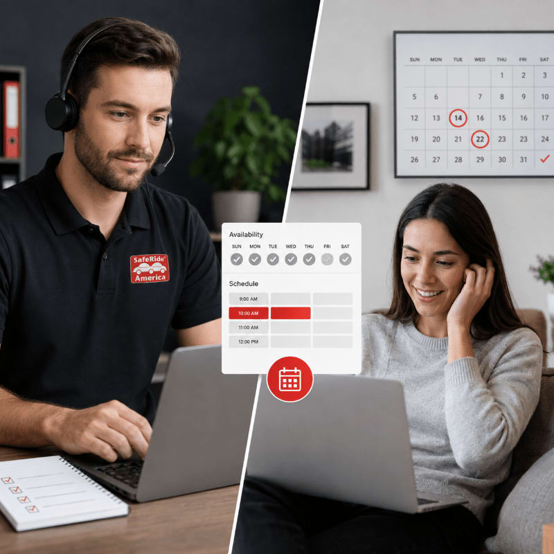 A man in a headset works on a laptop in the foreground left, while a woman smiles at her laptop in the foreground right, with a calendar and a scheduling interface overlaid in the center.