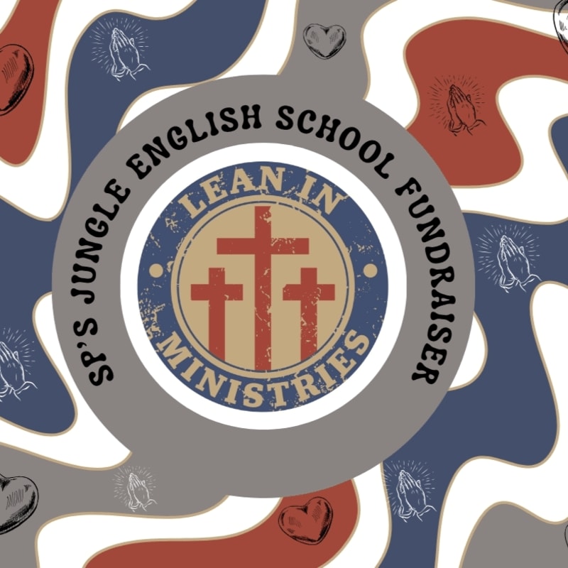A circular logo with three crosses and the words "Lean In Ministries" is centered on a background of abstract shapes and religious symbols like praying hands and hearts.