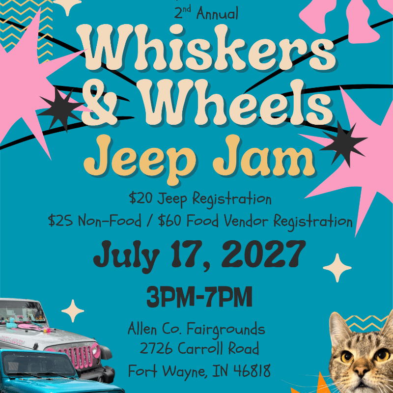 A vibrant teal background with pink starbursts and white speckles frames the "Whiskers & Wheels Jeep Jam" event details, while the foreground features the front of a blue Jeep and a close-up of a cat's face.