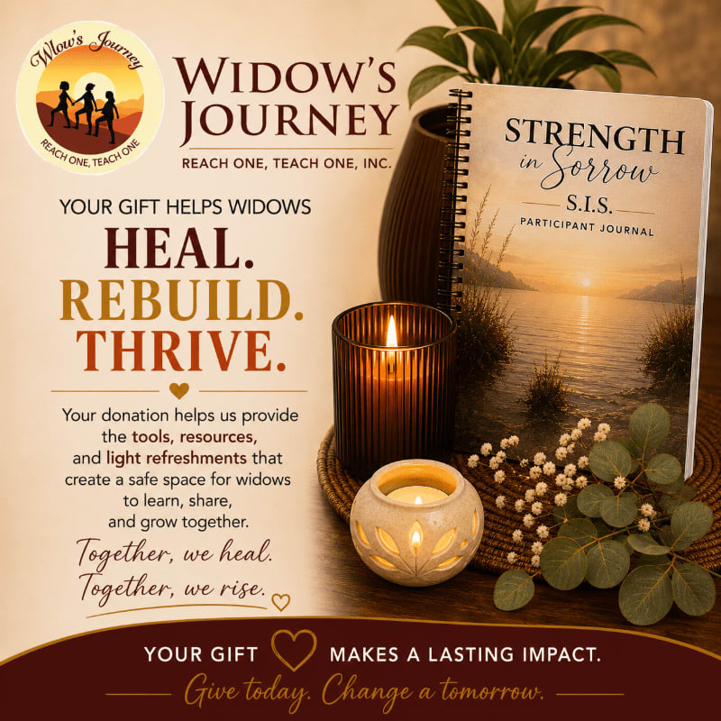 A lit candle and a journal titled "Strength in Sorrow" sit on a wooden surface in the foreground, with a blurred background featuring text about "Widow's Journey" and a logo.