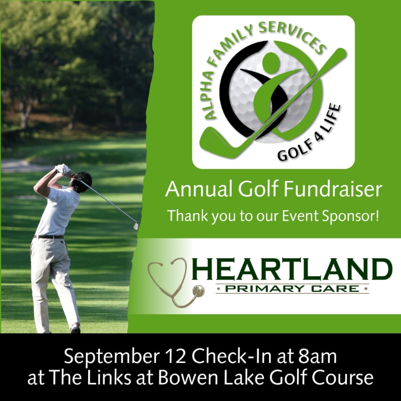 A golfer swings on a green course in the foreground, while the background features event details for an annual golf fundraiser sponsored by Heartland Primary Care.