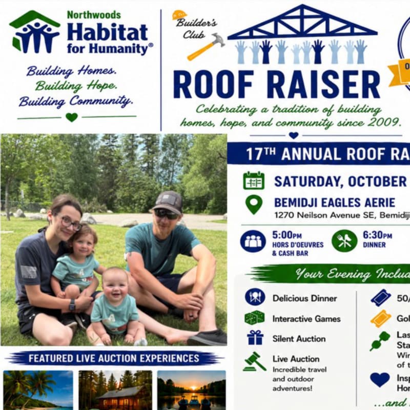 A family poses for a photo in the foreground, while the background displays promotional material for a "Roof Raiser" event hosted by Northwoods Habitat for Humanity.