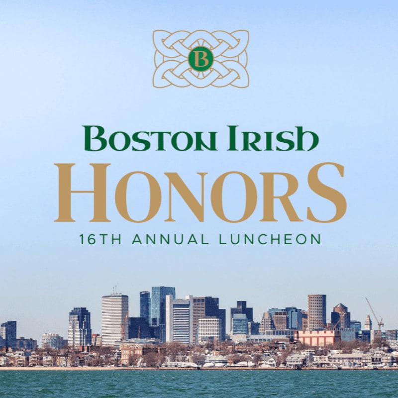 A city skyline with a body of water in the foreground is overlaid with text announcing the "Boston Irish Honors 16th Annual Luncheon" and a Celtic knot logo.