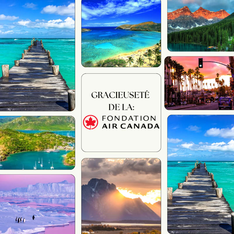 A collage of scenic travel destinations, including tropical beaches, majestic mountains, and icy landscapes, surrounds a central text box with the Air Canada Foundation logo.