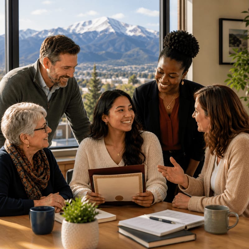 A diverse group of five people are gathered around a table in the foreground, smiling and engaged in conversation, while a majestic snow-capped mountain range is visible through a large window in the background.
