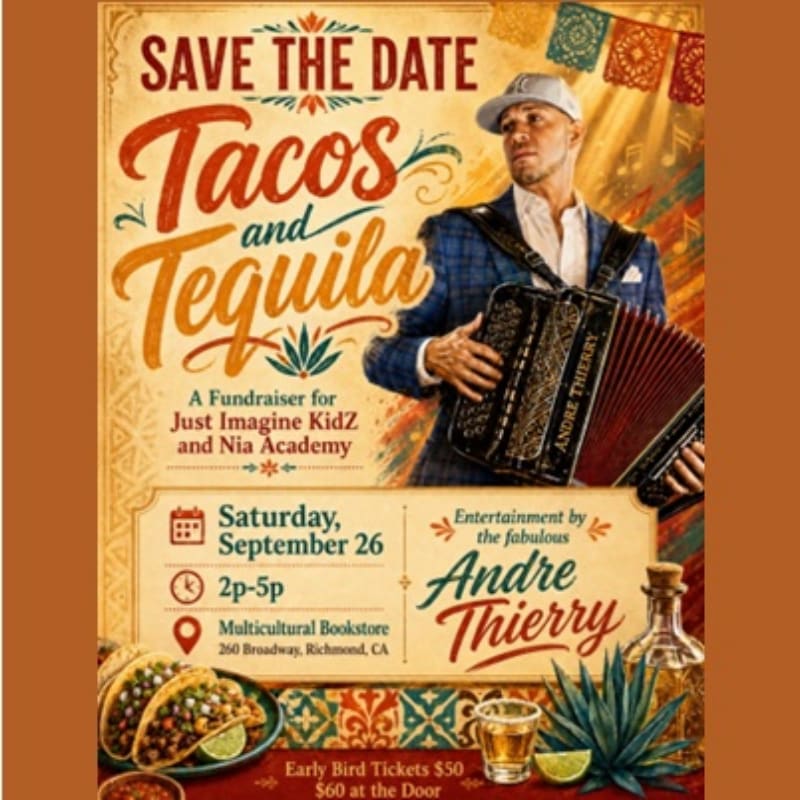 A vibrant "Save the Date" poster for a "Tacos and Tequila" fundraiser features a man playing an accordion in the background, with tacos, tequila, and event details in the foreground.