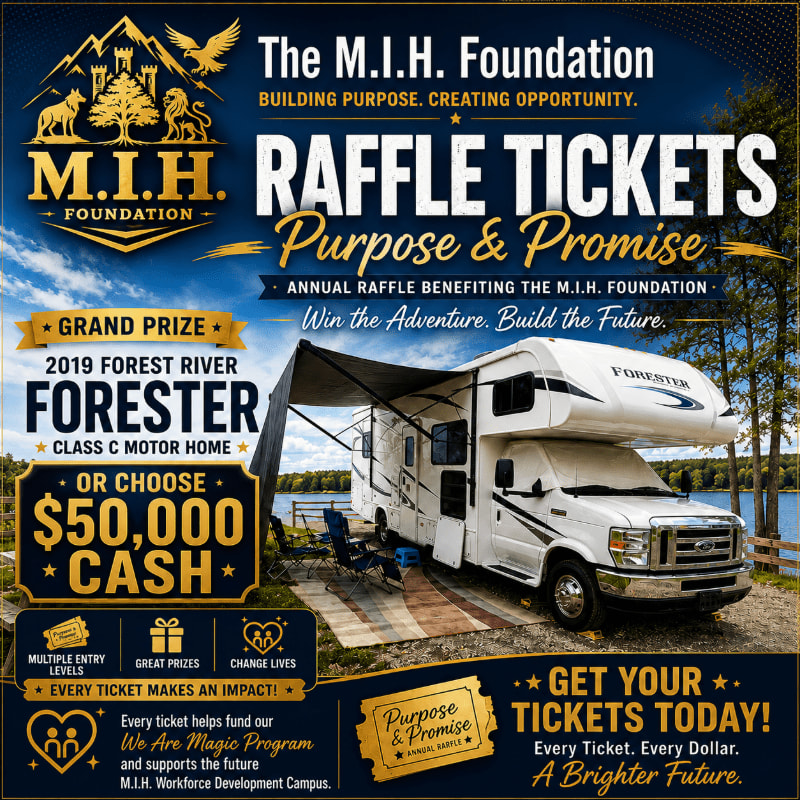A white 2019 Forest River Forester Class C motor home is parked by a lake with chairs and a table in front, while the background features the M.I.H. Foundation logo and raffle details.