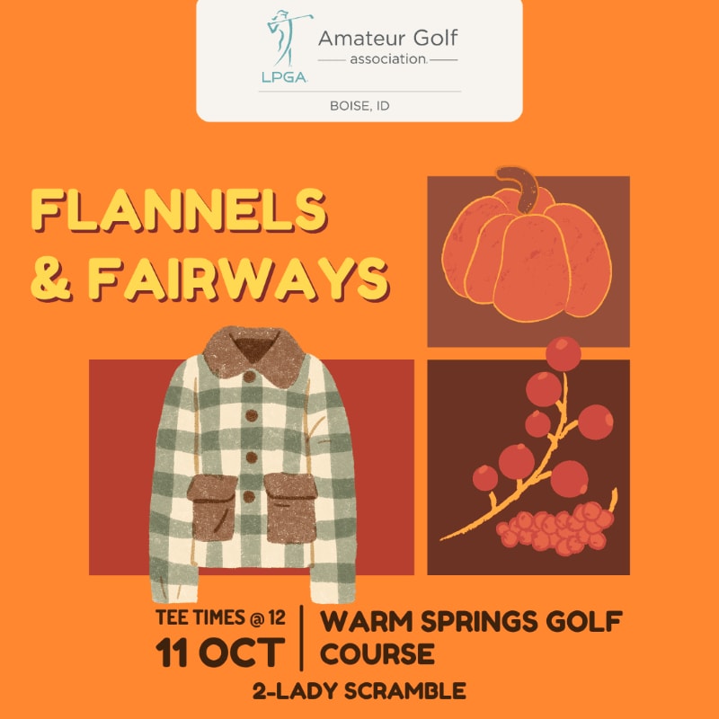A plaid flannel jacket and autumn illustrations are in the foreground, with event details and logos in the background.