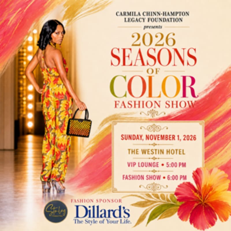 A woman in a vibrant yellow floral jumpsuit poses in the foreground against a background of colorful abstract brushstrokes and event details for the "2026 Seasons of Color Fashion Show."