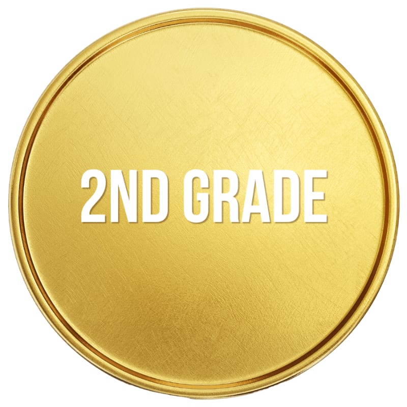 A golden medal with "2ND GRADE" written in white text is centered against a plain white background.