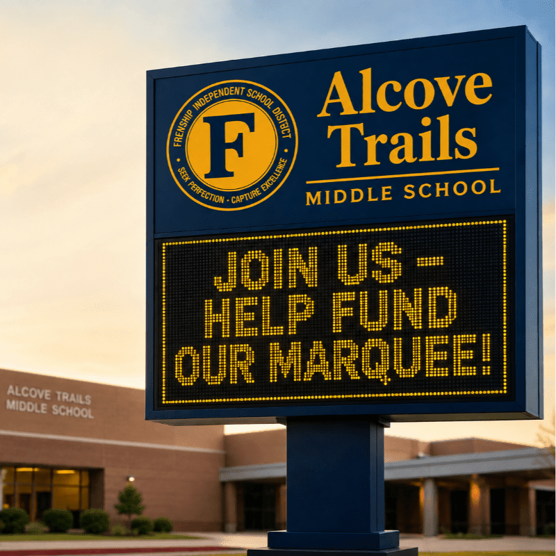 A digital sign in front of Alcove Trails Middle School announces a fundraiser for the school's marquee, with the school building visible in the background.
