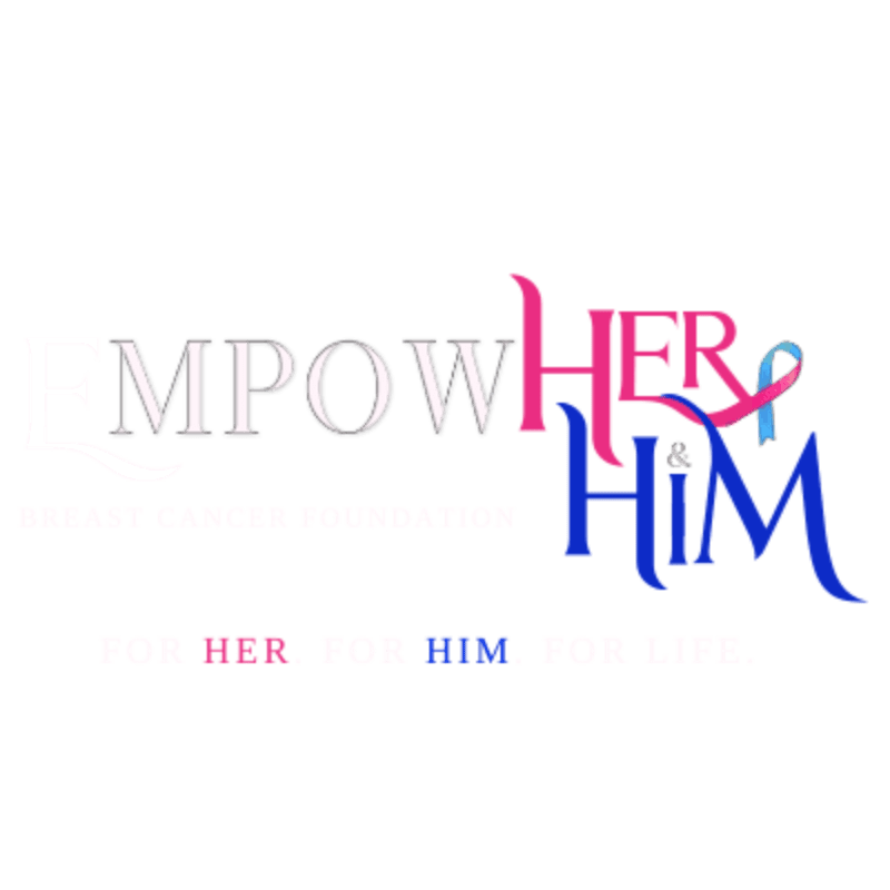 The foreground displays the words "MPOW HER & HIM" in stylized pink and blue lettering, with a pink and blue ribbon above the "&", while the background is a plain white.