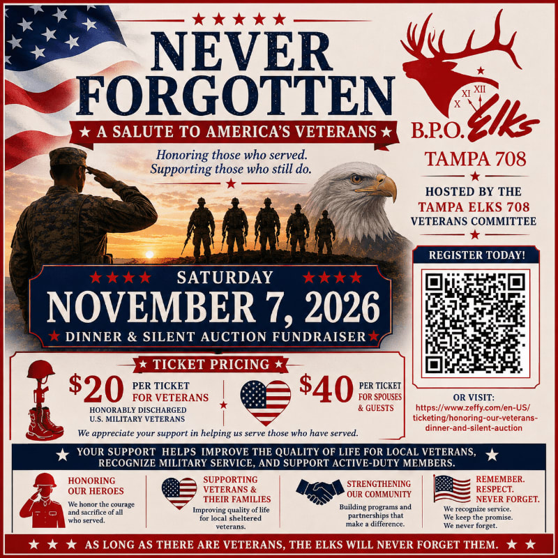 A patriotic poster advertises a "Never Forgotten" dinner and silent auction fundraiser for veterans, featuring a soldier saluting in the foreground and an eagle and elk logo in the background.
