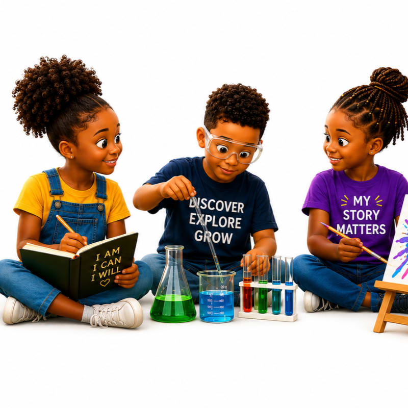 Three Black children engage in learning activities, with two girls reading and painting, and a boy conducting a science experiment in front of a white background.