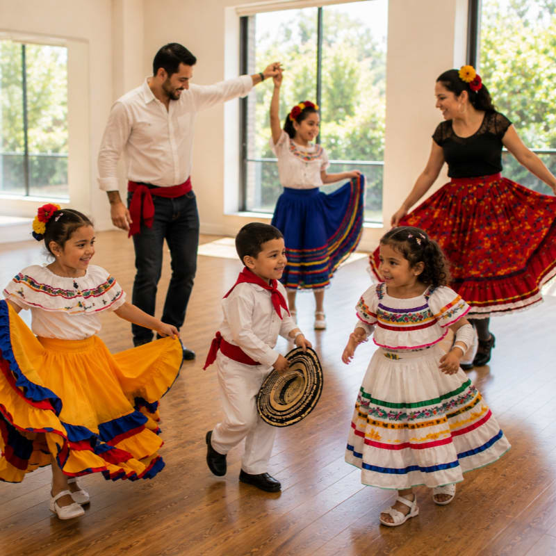 A group of people in colorful traditional clothing dance in a bright room with large windows overlooking greenery.