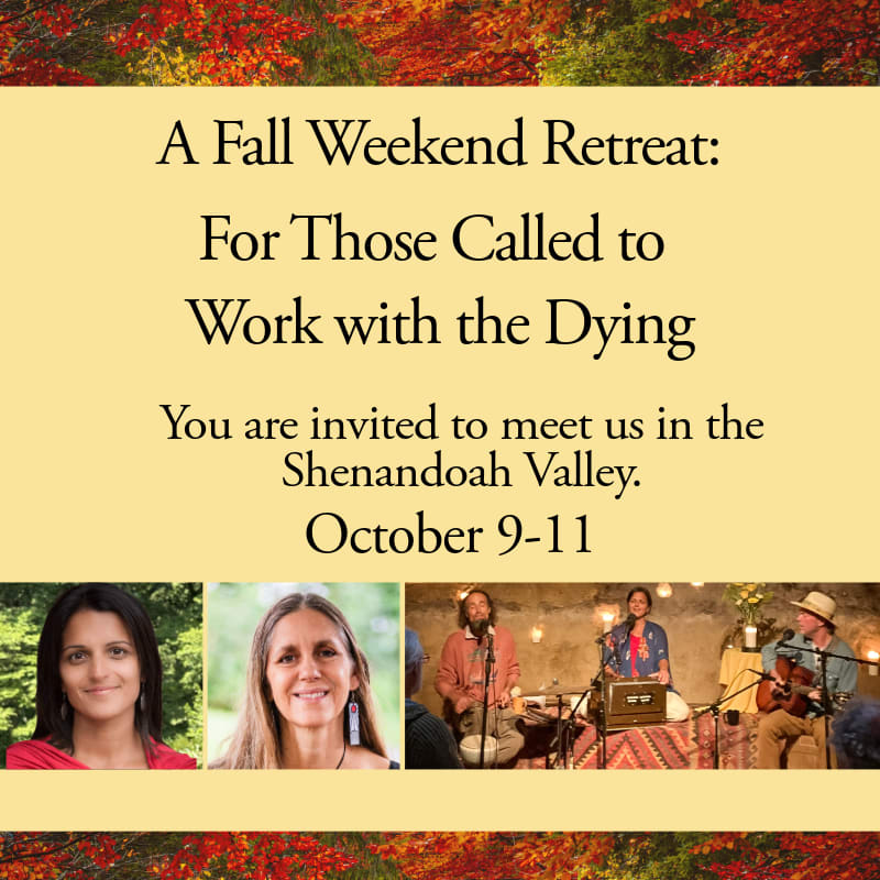 A fall retreat for those working with the dying is advertised with portraits of two women in the foreground and a band performing in the background, all set against a backdrop of autumn foliage.