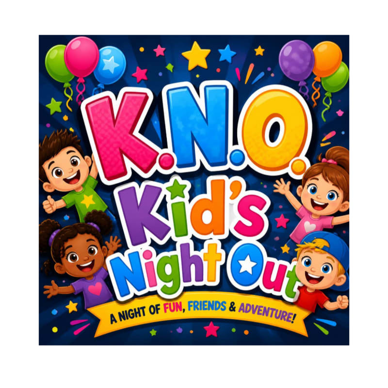 Four smiling children with colorful balloons and confetti surround the "K.N.O. Kid's Night Out" title against a dark blue background with stars.