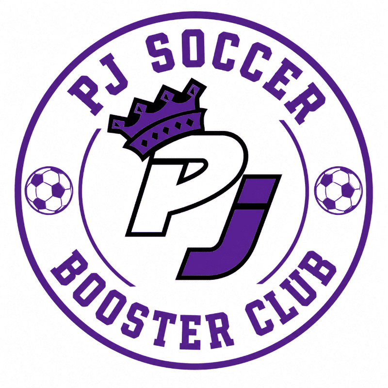 A purple and white circular logo for "PJ Soccer Booster Club" features a stylized "PJ" with a crown above it, flanked by two soccer balls, all set against a white background.