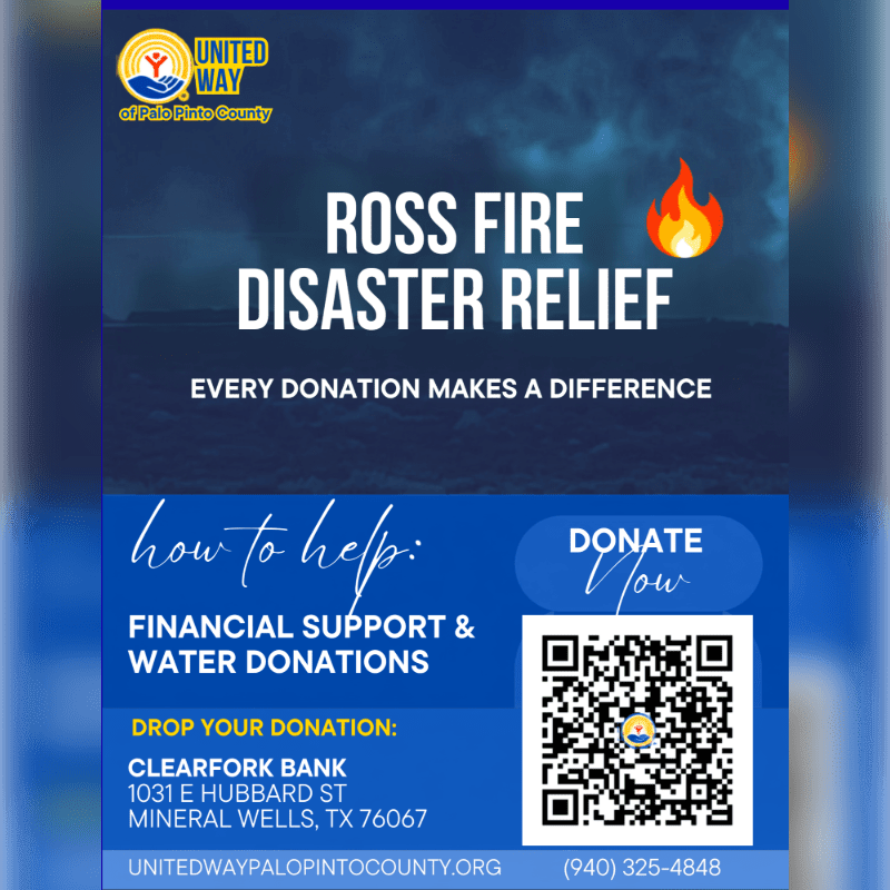 A dark, smoky background with a flame icon overlays text about "ROSS FIRE DISASTER RELIEF" and instructions on how to donate financial support and water, with a QR code and bank information in the foreground.