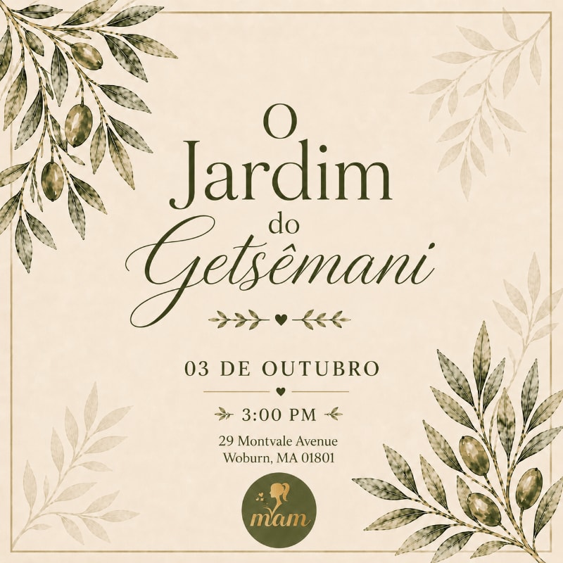 Olive branches frame a cream-colored invitation with text detailing an event on October 3rd at 3:00 PM at 29 Montvale Avenue, Woburn, MA, and a circular logo.