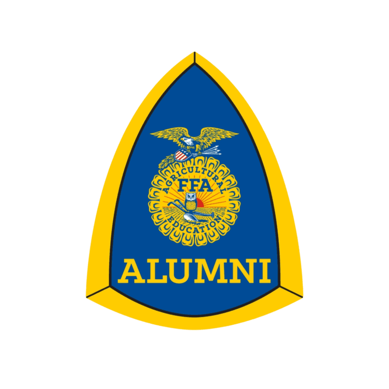A blue and yellow FFA Alumni emblem with an eagle, corn, and rising sun is centered on a white background.