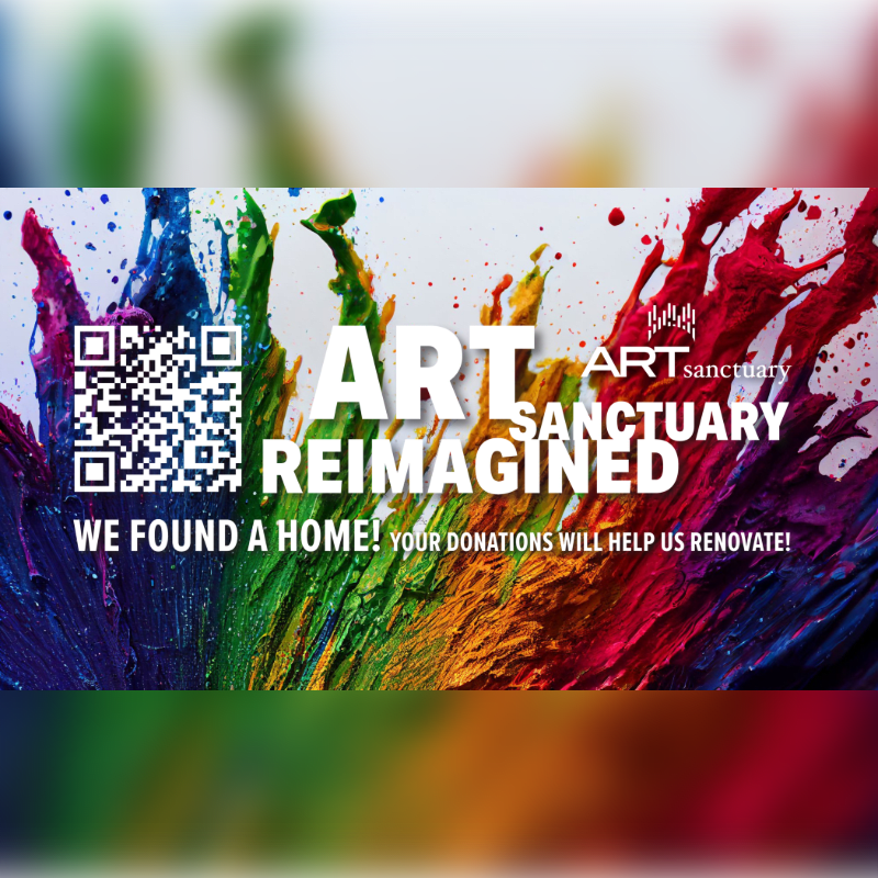 A QR code and text promoting "ART REIMAGINED" are overlaid on a vibrant, abstract background of colorful paint splatters.