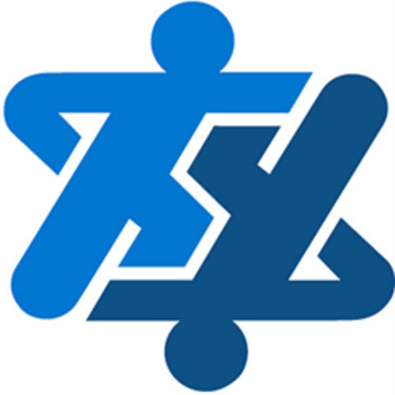Two stylized blue figures are intertwined to form a star shape against a white background.