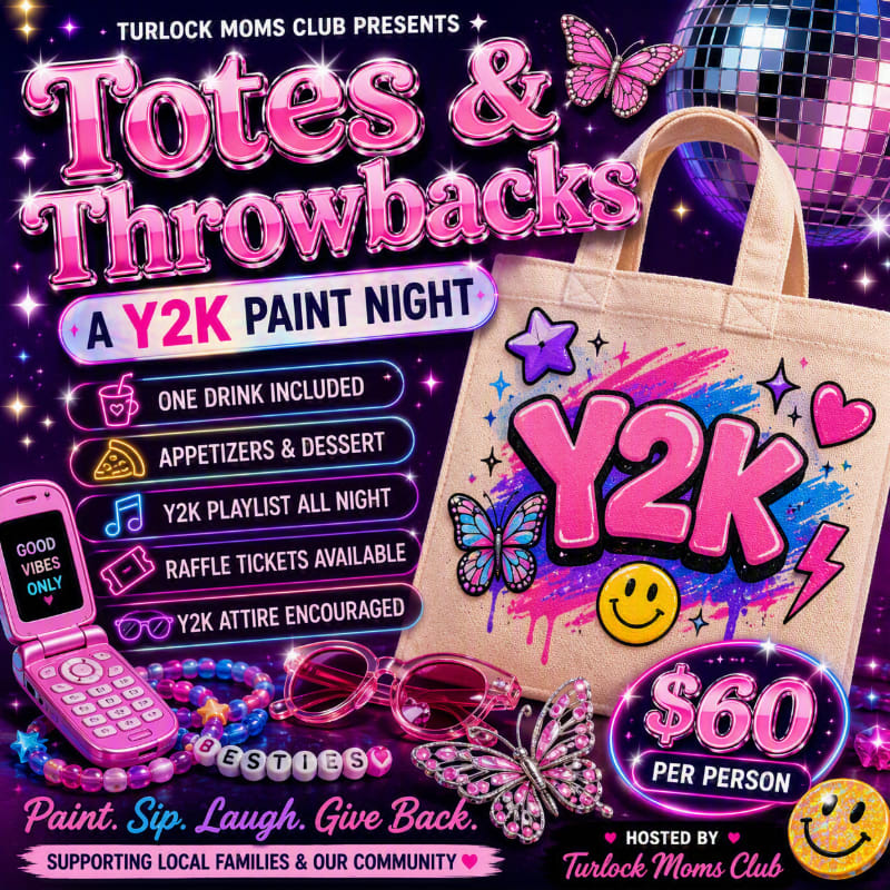 A Y2K-themed paint night is advertised with a tote bag, pink flip phone, and sunglasses in the foreground, set against a sparkly purple background with disco balls.