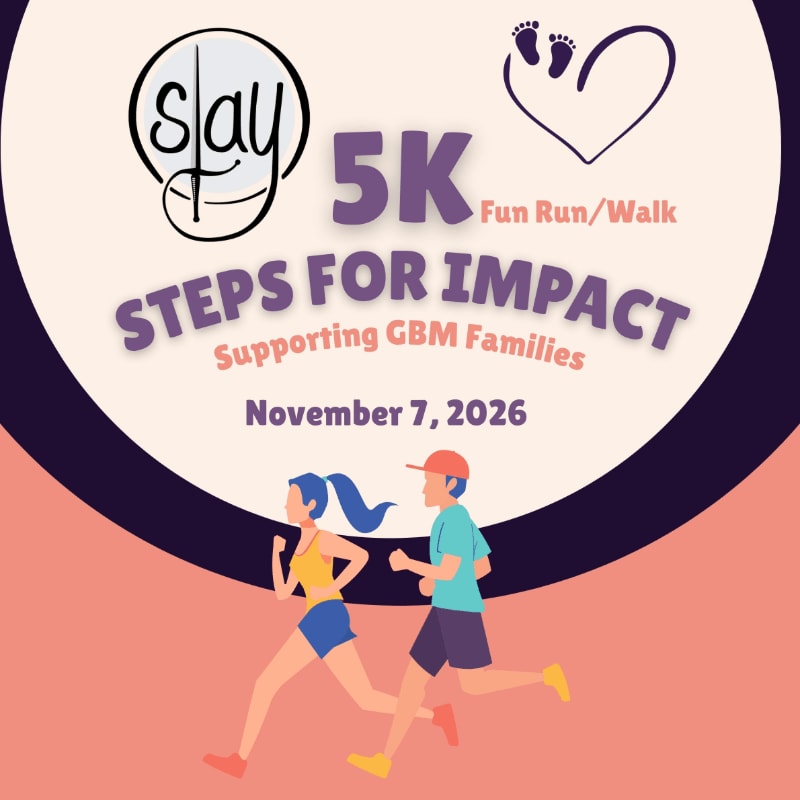 A man and woman run in the foreground, while the background displays text announcing a "5K Fun Run/Walk STEPS FOR IMPACT" on November 7, 2026, supporting GBM Families.
