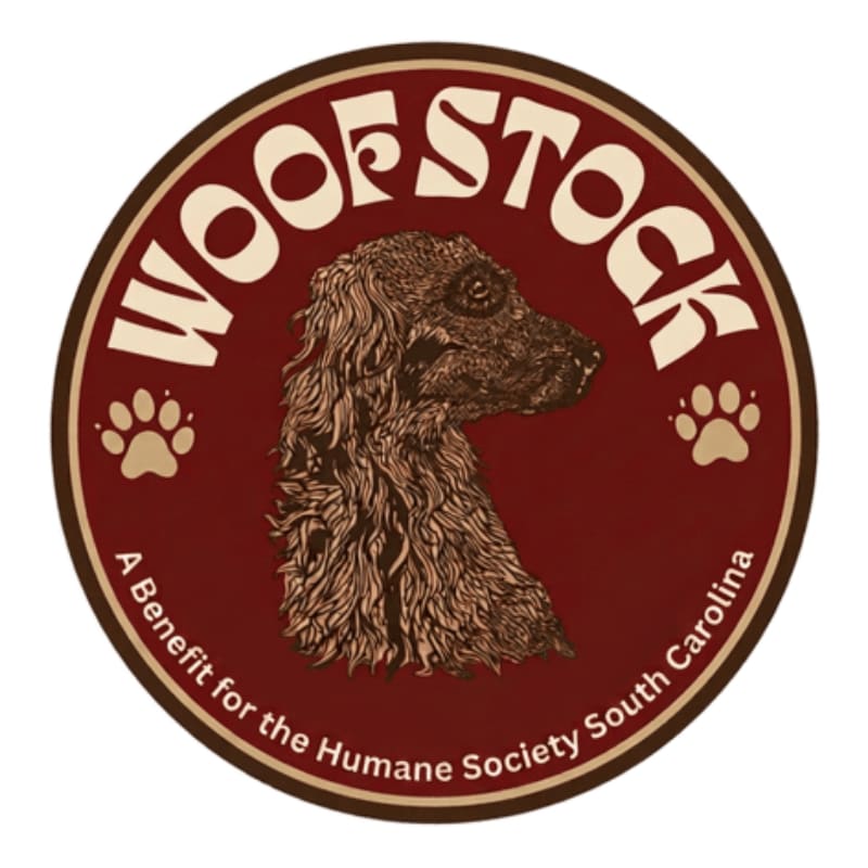 A shaggy dog's profile is centered within a circular logo that reads "WOOFSTOCK" at the top and "A Benefit for the Humane Society South Carolina" at the bottom, all against a dark red background.